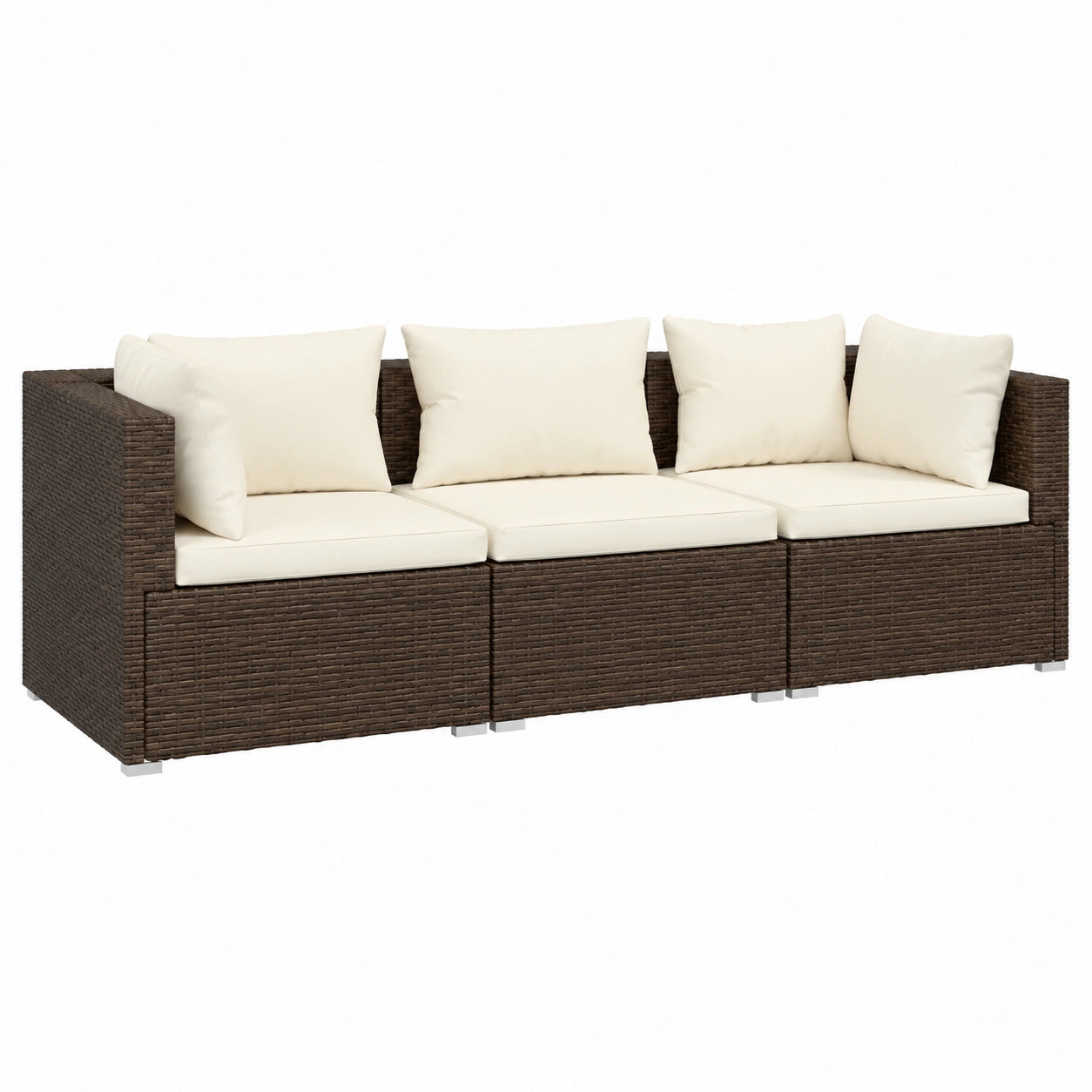 Divano a Tre Posti con Cuscini in Rattan Sintetico Marrone