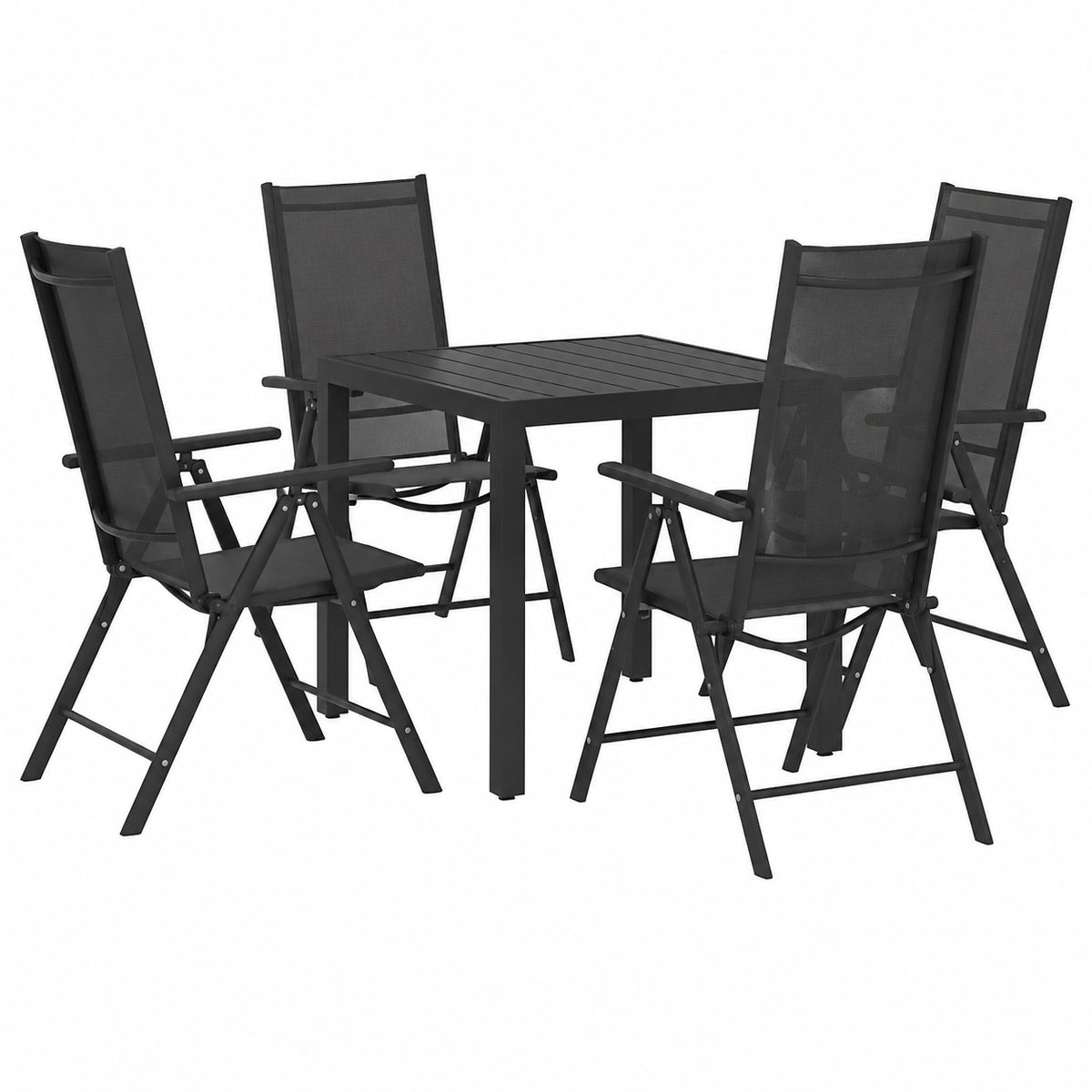 Set di arredi da giardino in alluminio nero con tavolo in WPC e sedie regolabili