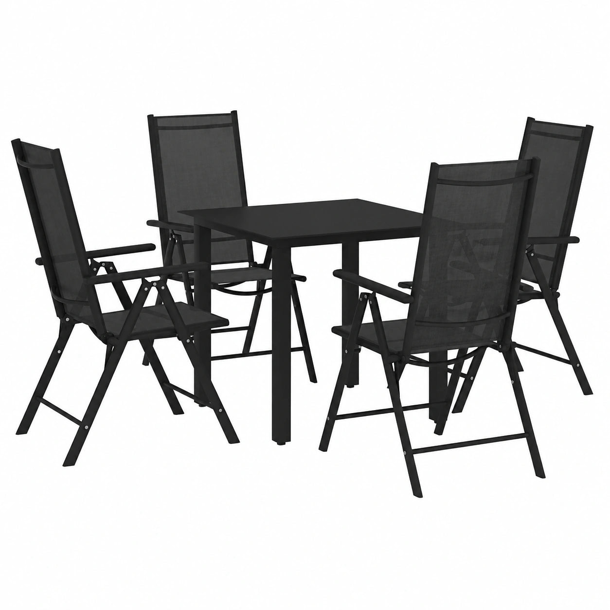 Set mobili da giardino in alluminio nero con tavolo in vetro e sedie pieghevoli regolabili per esterni
