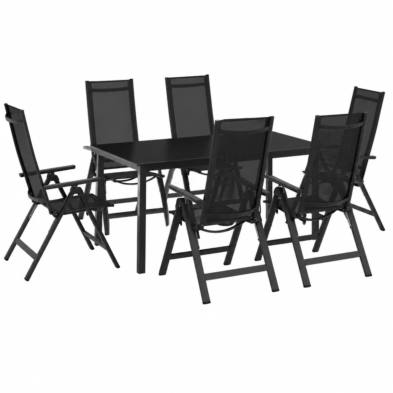 Set mobili da giardino in alluminio antracite con tavolo in vetro, sedie pieghevoli per esterni