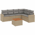 Set Giardino Modulare in Polyrattan Beige con Cuscini e Tavolo Acacia, 7 Pezzi