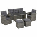 Set Divani da Giardino 6 Pezzi in Polyrattan Grigio con Poltrone e Pouf