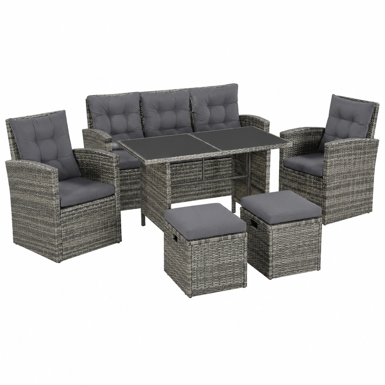 Set Divani da Giardino 6 Pezzi in Polyrattan Grigio con Poltrone e Pouf