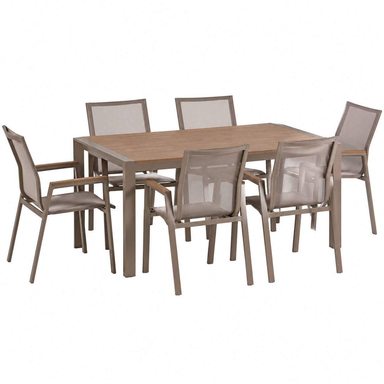 Set da Pranzo Esterno: Tavolo in Alluminio e Polywood 160x90 cm con 6 Sedie Impilabili in Textilene - Tonalità Tortora