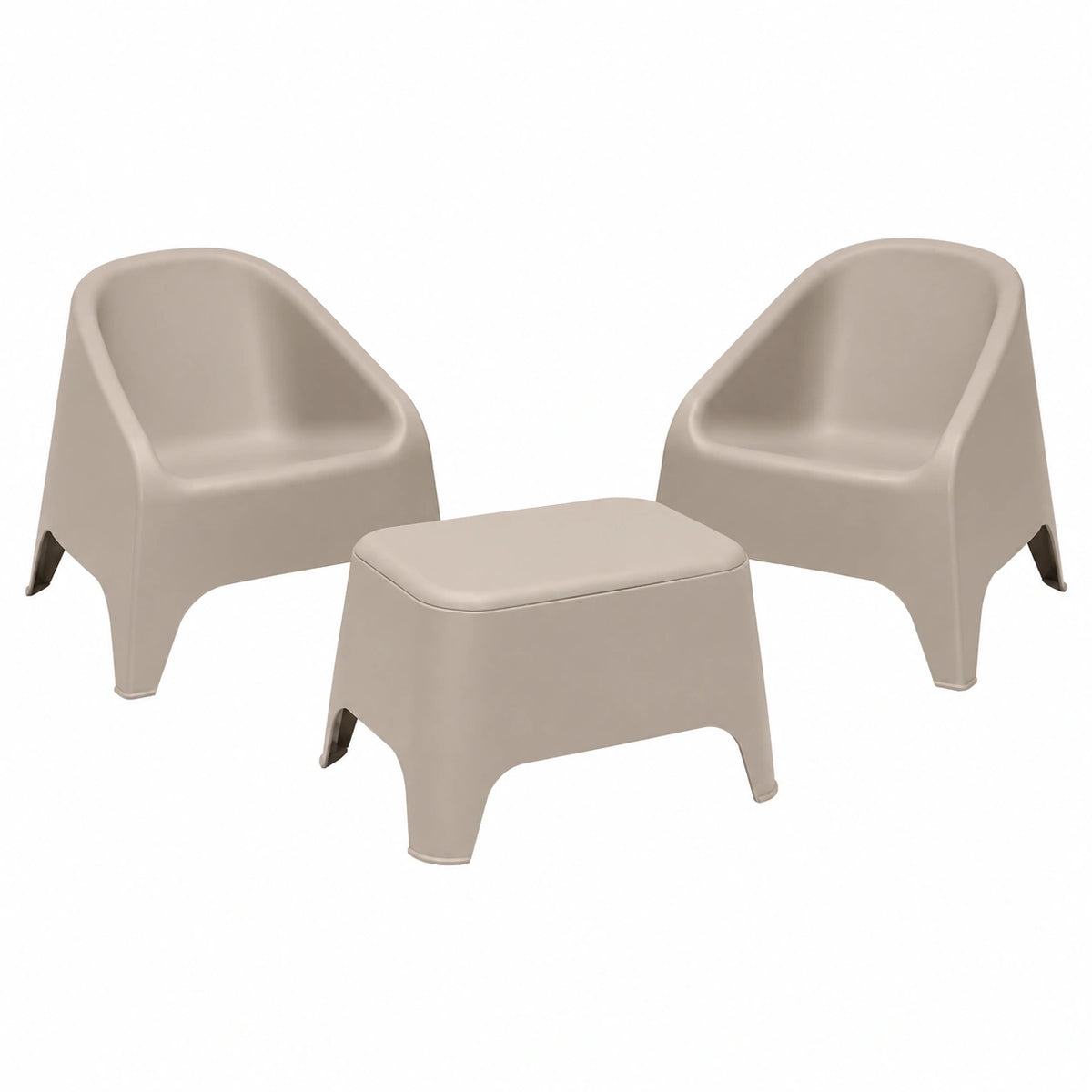 Set Giardino 2 Poltrone Matera e Tavolino Petra, Grigio Tortora, Plastica Riciclata