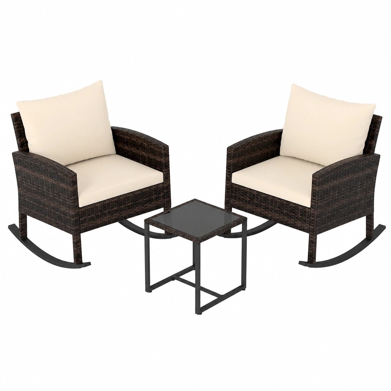 Set Arredamento Esterno in Rattan con Sedie a Dondolo e Tavolino in Vetro