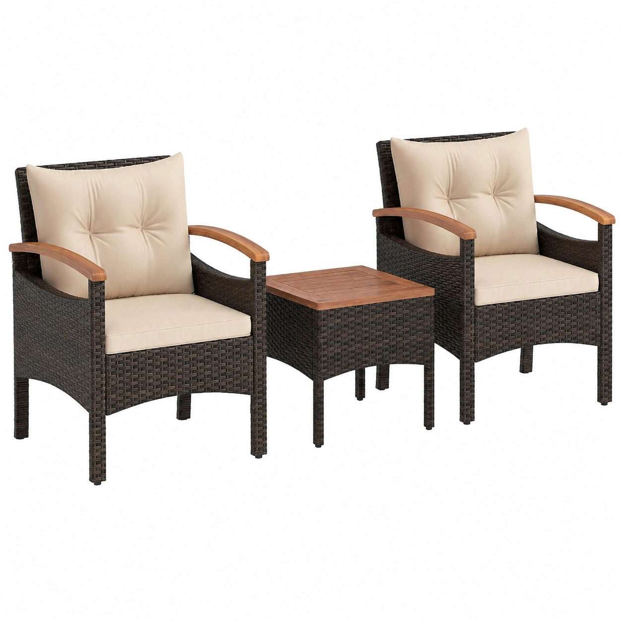 Set Salotto da Giardino in Rattan PE, 2 Poltrone Comode e Tavolino Legno, per Terrazzo e Balcone