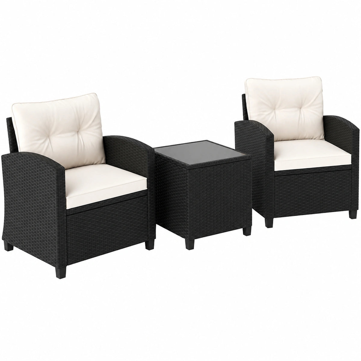 Set Mobili da Giardino 3 Pezzi con Tavolino in Vetro e Cuscini, Sedie in Rattan PE, Perfetto per Veranda (Bianco)