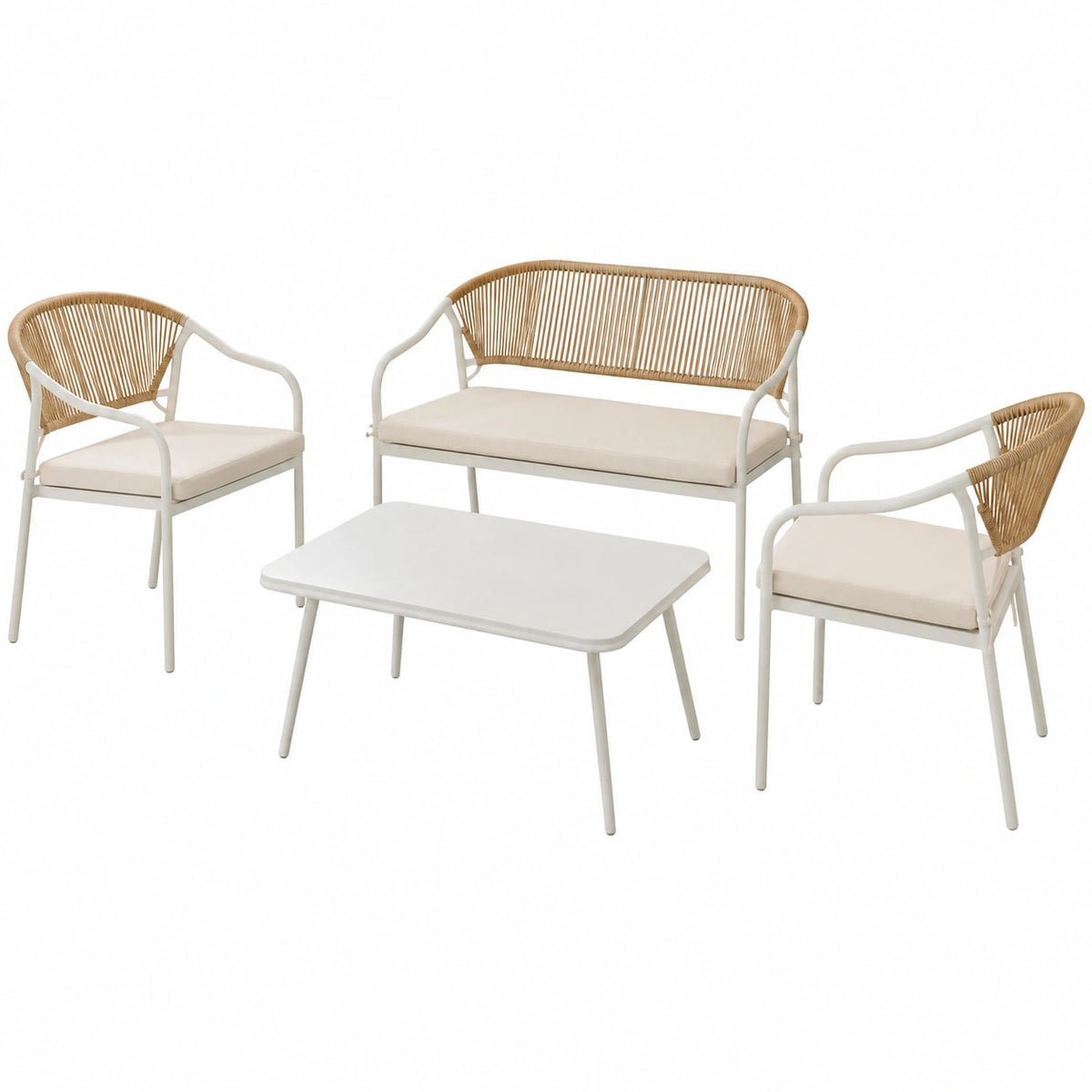 Set Arredo Giardino 4 Pezzi in Acciaio Bianco e Rattan con Cuscini