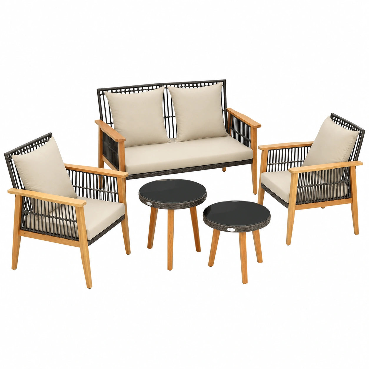 Set Salotto da Giardino in Rattan PE con Divano e Poltrone, Tavolini e Cuscini, Struttura in Metallo e Legno di Acacia
