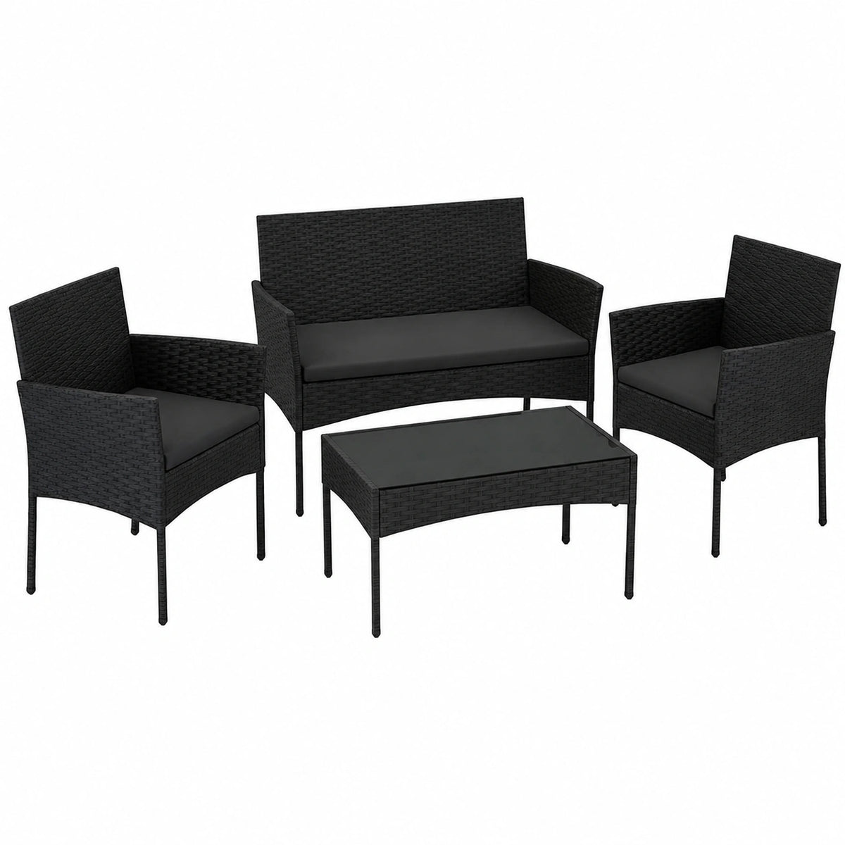 Set Salotto Giardino 4 Pezzi in Rattan con Cuscini, Divano, Poltrone e Tavolino in Vetro per Esterno