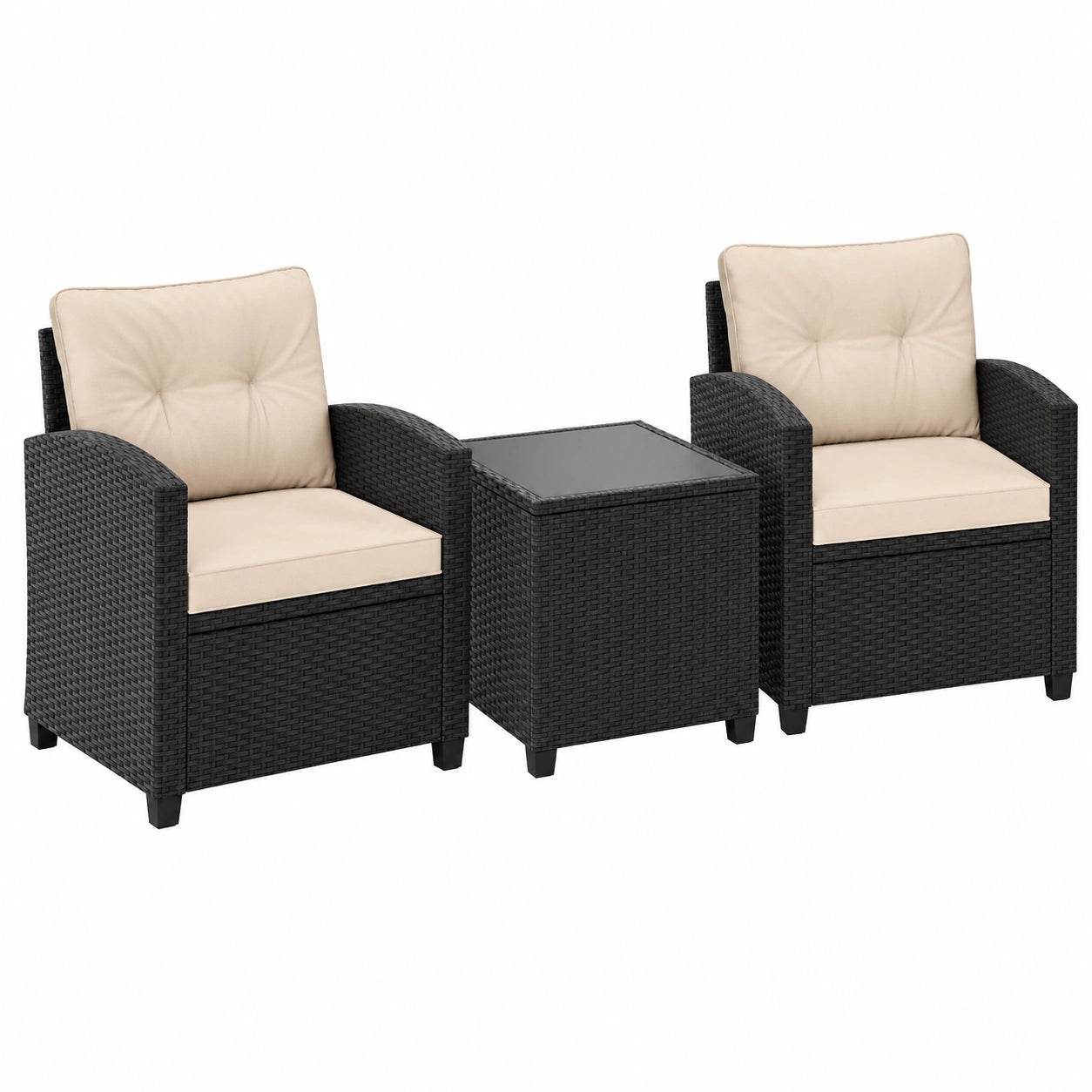 Set da Giardino 3 Pezzi in Rattan PE con Tavolino in Vetro e Cuscini, Ideale per Portico