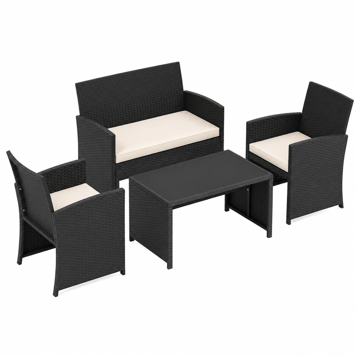 Set Mobili da Esterno in Rattan 4 Pezzi con Tavolino in Vetro