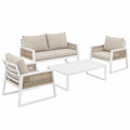 Set Arredo Giardino 4 Posti in Alluminio Bianco, Divano Doppio + 2 Poltrone + Tavolino, Cuscini Sfoderabili, Design Intrecciato
