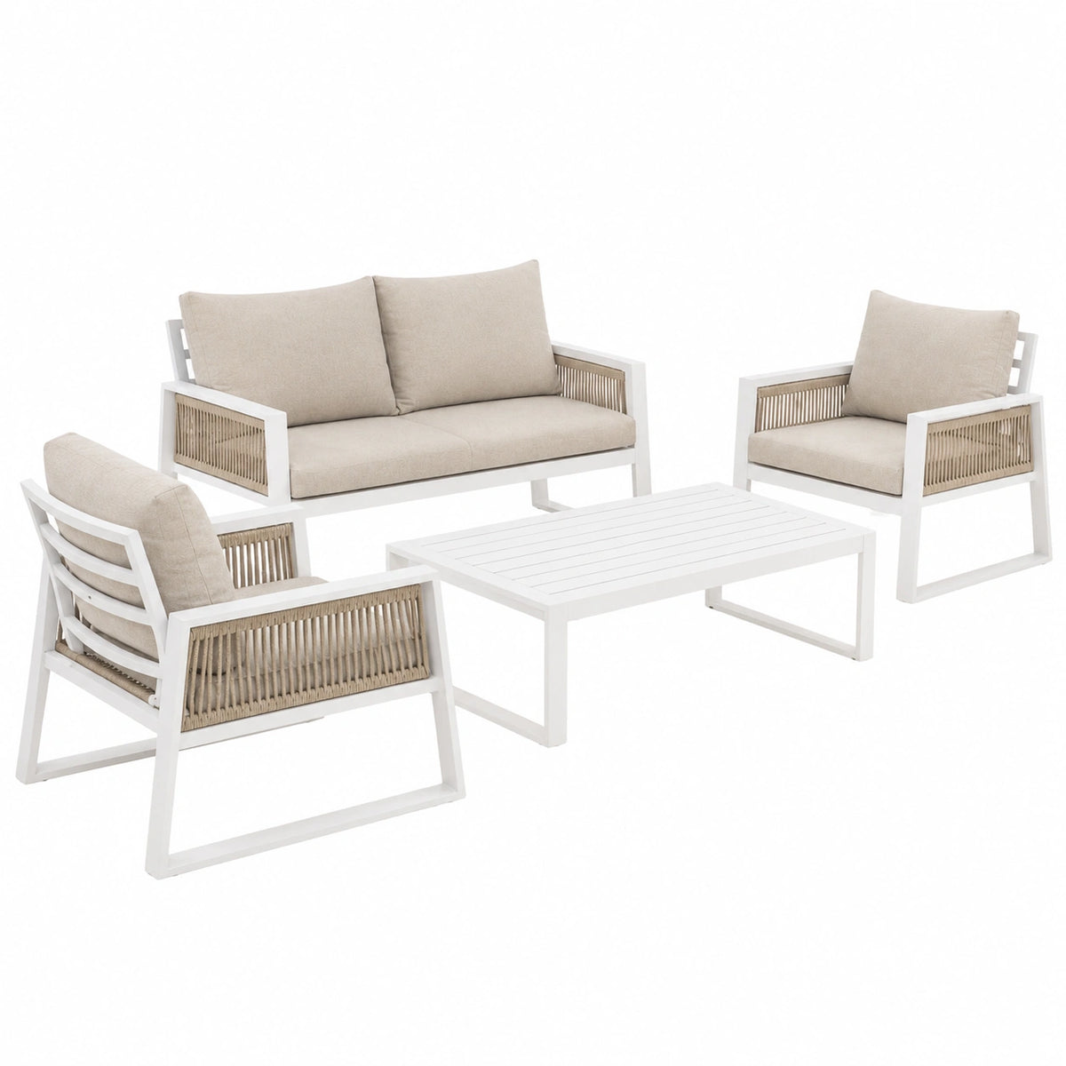 Set Arredo Giardino 4 Posti in Alluminio Bianco, Divano Doppio + 2 Poltrone + Tavolino, Cuscini Sfoderabili, Design Intrecciato