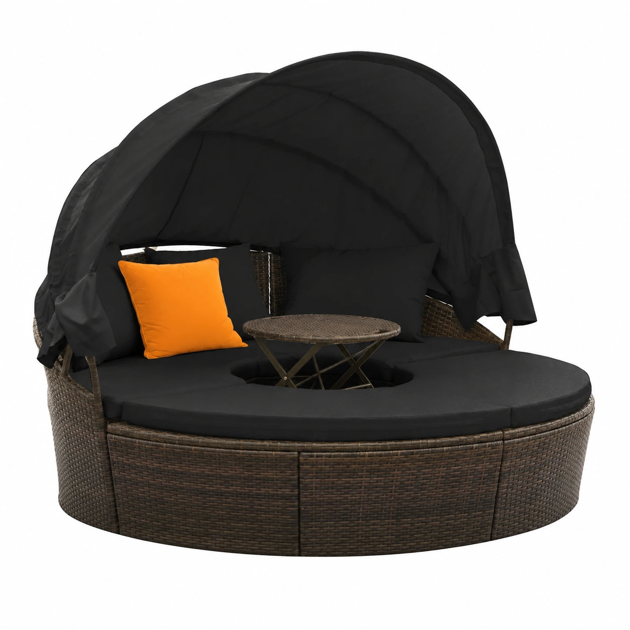 Lettino Rotondo in Rattan con Baldacchino per Giardino, Divano Esterno Elegante (Nero)
